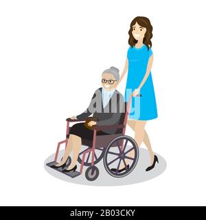 Bande dessinée jeune belle femme roule grand-mère en fauteuil roulant, souriant retraité, isolé sur fond blanc, illustration vectorielle Illustration de Vecteur