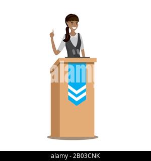 Femme d'affaires ou homme politique caucasien parlant au public de tribune. Femme prononcera un discours de tribune avec microphones.Presentation.Vector carto Illustration de Vecteur