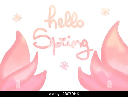 hello spring dégradé main lettering dessin d'arrière-plan illustration avec des feuilles et des fleurs Banque D'Images