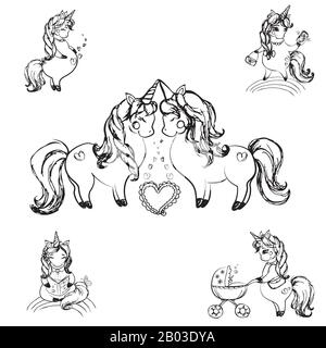 Jeu de mignons unicornes, dessinées à la main isolées sur fond blanc, illustration vectorielle Illustration de Vecteur