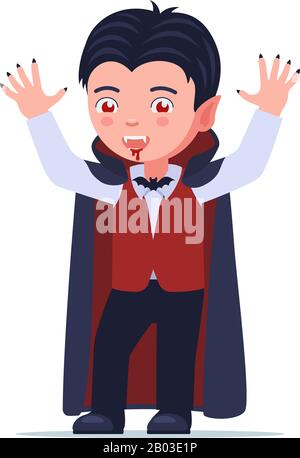 Garçon est debout dans un costume de vampire d'Halloween dracula avec ses mains vers le haut. Un enfant vêtu d'un costume de vampire. Illustration vectorielle isolée sur blanc. Illustration de Vecteur