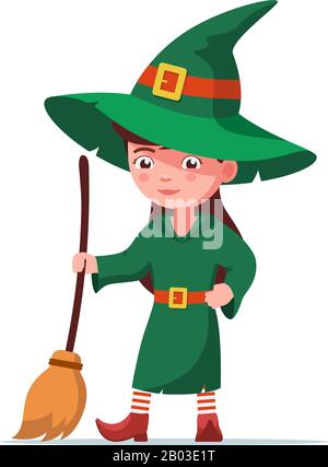 Sorcière fille en vêtements verts et un chapeau se tient et tient un balai. Un enfant mignon dans un costume de sorcière halHalloween est debout avec un broomstick. Illustrateur vectoriel Illustration de Vecteur