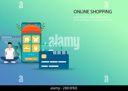 Concept d'affaires des achats en ligne, un homme recherche sur son ordinateur portable pour trouver un nouveau pantalon et s'asseoir près d'une grande carte de crédit et smartphone. Illustration de Vecteur