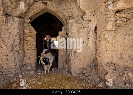 Il pousse sa chèvre dans les ruines d'une maison, à Qatruyeh, en Iran Banque D'Images