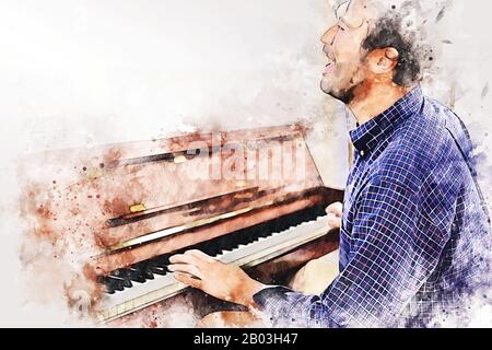 Résumé homme jouant le clavier du piano premier plan peinture aquarelle arrière-plan et illustration numérique brosser à l'art. Banque D'Images