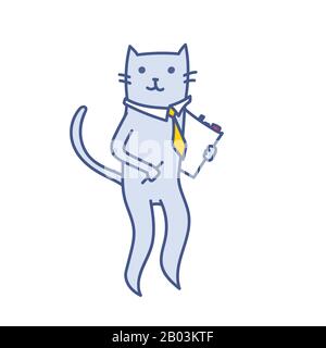 Chat d'affaires de dessin animé avec dossier de fichiers de documents et de stylo tenant dans les mains, travail réussi de patron d'homme d'affaires, illustration vectorielle isolée sur blanc. Illustration de Vecteur
