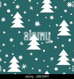 Motif sans couture avec flocons de neige et arbres dessinés à la main. Blanc sur vert. Illustration vectorielle Illustration de Vecteur