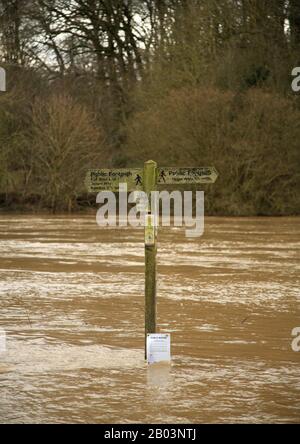 Panneau de sentier public immergé par la rivière Severn en inondation. Banque D'Images