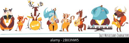 Musique jazz personnages de dessin animé avec des animaux jouant des instruments de musique Illustration de Vecteur