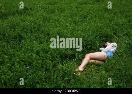 Une jeune femme dans un domaine de la vetch. Banque D'Images