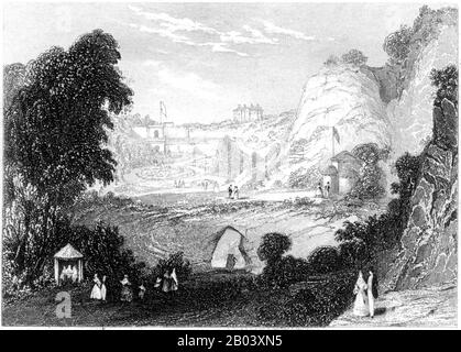 Gravure des jardins de Rosherville, Gravesend numérisé à haute résolution à partir d'un livre imprimé en 1851. Cette image est considérée comme étant libre de tous les droits d'auteur. Banque D'Images