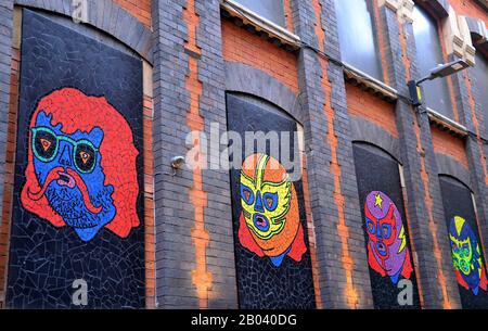 Des œuvres d'art décorent les rues du quartier nord de Manchester, au Royaume-Uni Banque D'Images