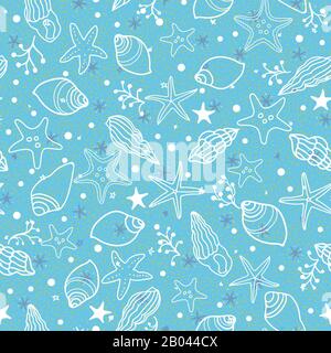 Texture vectorielle coque de mer modèle, ambiance estivale sous-marine, poissons étoiles, coquille sur fond de plage texturé. Motif costal pour vos vacances parfaites. Contexte de la nature. Imprimé, tissu, fixe. Banque D'Images