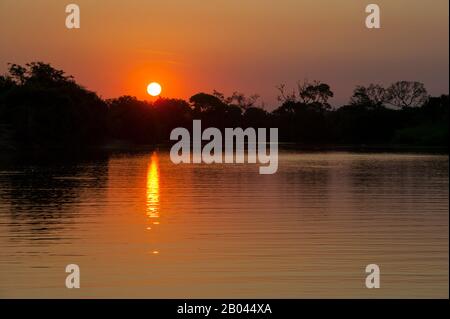 Coucher de soleil sur la rivière Pixaim dans le nord de Pantanal, province de Mato Grosso au Brésil. Banque D'Images