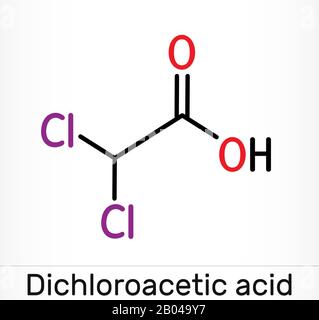 Acide dichloroacétique DCA, acide bichloroacétique BCA, molécule de C2H2C2O2. Formule chimique du squelette. Illustration Banque D'Images