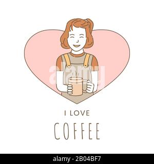 J'aime le modèle de création de bannière de café avec un espace texte. Bonne fille souriante dans le cadre en forme de coeur tenant une tasse de café dessin de dessin animé. Modèle de présentation café, restaurant ou bar. Illustration de Vecteur