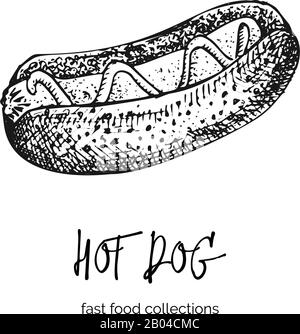 Encre dessinée à la main croquis hot dog. Style de gravure. Collection de petit-déjeuner Fast food. Bonne idée pour votre dessin de menu de café, brochure de festival de rue, autocollant Illustration de Vecteur