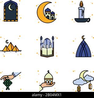 La ligne Ramadan et le style de remplissage Icon set design, religion islamique musulmane culture croyance foi religieuse dieu méditation spirituelle et thème traditionnel illustration vectorielle Illustration de Vecteur