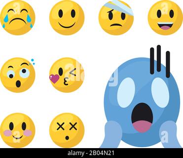 Emojis visages plate style icône ensemble design, l'expression de dessin de dessin animé émoticône personnage profil visage jouet adorable et social thème illustration vectorielle Illustration de Vecteur