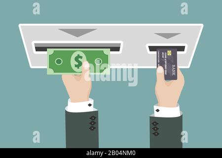 Concept d'utilisation du terminal ATM. La main humaine pousse la carte de crédit dans l'emplacement de la machine atm. Obtention de la facture d'argent à partir d'un distributeur automatique de billets. Illustration vectorielle dans flaa Illustration de Vecteur