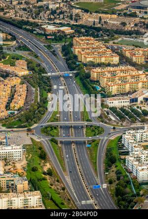 Photo aérienne, autoroute Ma-20 à son Dameto, Palma, Majorque, Espagne, Europe, Iles Baléares, autoroute, accès autoroute, sortie d'autoroute, pont d'autoroute Banque D'Images