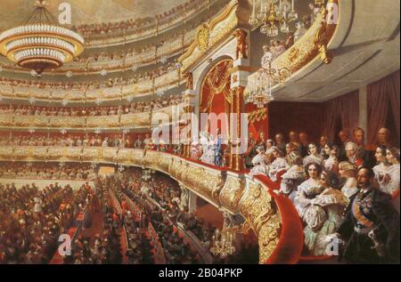 Une représentation au Théâtre Bolchoï de Moscou en l'honneur du couronnement de l'empereur russe Alexandre II Nikolaïevitch. Peinture de M. Zichy, XIXe siècle. Banque D'Images