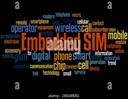 Concept de nuage de mots SIM intégré sur fond noir. Banque D'Images