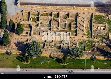 Photo aérienne, île, ruines romanes de Pollentia, fouilles de ruines romaines, Alcúdia, Majorque, Iles Baléares, Espagne, Europe, fouilles, Av. Banque D'Images