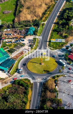 Photo aérienne, île, rond-point Ma-3460, Rotonda del caballo sculpture, Port d'Alcúdia, Alcúdia, Majorque, Iles Baléares, Espagne, Europe, ES, Banque D'Images