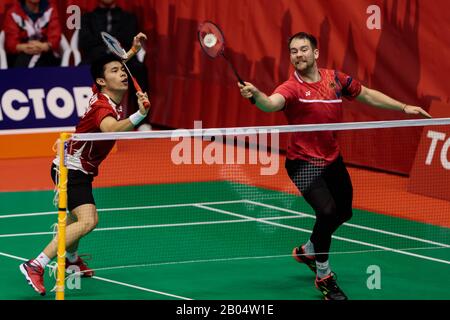 Barcelone, Espagne. 18 février 2020. Barcelone Espagne Master 2020 - Jour 1; Jones Ralfy Jansen et Peter Kaesbauer d'Allemagne rivalise avec l'équipe masculine de double qualification Round 1 match contre Jelle Maas et Robin Tabeling des Pays-Bas le premier jour du Master Espagne de Barcelone au centre sportif olympique de Vall d'Hébron le 18 février 2020 à Barcelone, en Espagne. Crédit: Dax Images/Alay Live News Banque D'Images