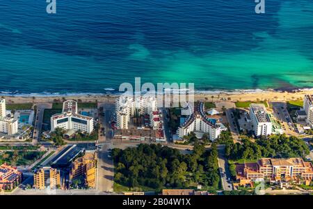 Vue aérienne, île, équipements de l'hôtel sur la plage Cala Millor, son Moro, S, ant Llorenç des Cardassar, Majorque, Iles Baléares, Espagne, Europe, ES, Banque D'Images