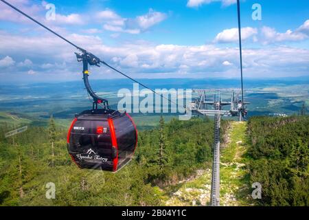 Tatranska Lomnica, Tatra Mountains / Slovaquie - 2019/06/28: Téléphérique jusqu'au pic Lomnica - Lomicky stit - avec la région slovaque de Tatra sous-colline à l'arrière Banque D'Images