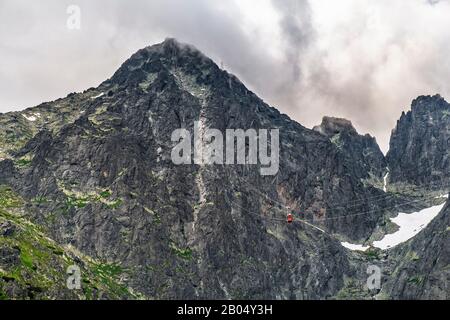 Tatranska Lomnica, Tatra Mountains / Slovaquie - 2019/06/28: Vue panoramique du pic Lomnica dans les montagnes Tatra Slovaques - Lomicky stit - avec téléphérique Banque D'Images