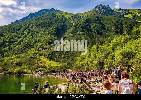 Zakopane, Pologne - 2019/06/29: Foules de touristes profitant de la météo ensoleillée et des paysages de montagnes à Morskie Oko étang dans les montagnes de High Tatra Banque D'Images