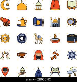 La ligne Ramadan et le style de remplissage Icon set design, religion islamique musulmane culture croyance foi religieuse dieu méditation spirituelle et thème traditionnel illustration vectorielle Illustration de Vecteur