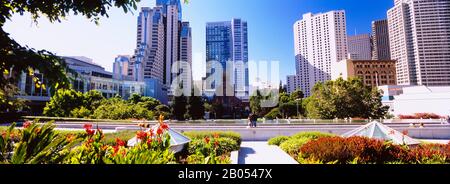 Jardin formel devant les gratte-ciel, Yerba Buena Gardens, au sud du marché, San Francisco, Californie, États-Unis Banque D'Images