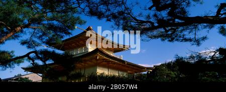 Vue à bas angle des arbres devant un temple, le temple Kinkaku-ji, la ville de Kyoto, la préfecture de Kyoto, la région Kinki, Honshu, Japon Banque D'Images