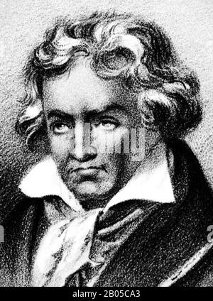 Portrait vintage du compositeur et pianiste allemand Ludwig van Beethoven (1770 – 1827). Détail d'une lithographie vers 1865 par J H Bufford & Co. Banque D'Images