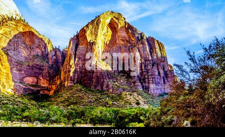 Coucher de soleil sur le sommet des tours du mont Majestic au-dessus de la piste de la piscine Emeraude le long de la rivière Virgin dans le parc national de Zion, Utah, États-Unis Banque D'Images