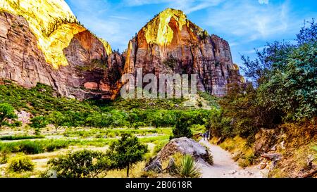 Coucher de soleil sur le sommet des tours du mont Majestic au-dessus de la piste de la piscine Emeraude le long de la rivière Virgin dans le parc national de Zion, Utah, États-Unis Banque D'Images