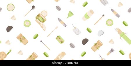 Modèle Sans Soudure À Vecteur Zéro Déchet Dans Le Style De Minimalisme, Avec Des Produits Réutilisables Et De Recyclage Zéro Déchet - Tampon, Boîte, Brosse À Dents À Charbon, Savon Naturel Illustration de Vecteur
