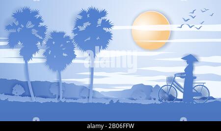 Vietnamese woman hold location marche pass champ de riz et de palmier sur l'heure du coucher du soleil,vector illustration Illustration de Vecteur