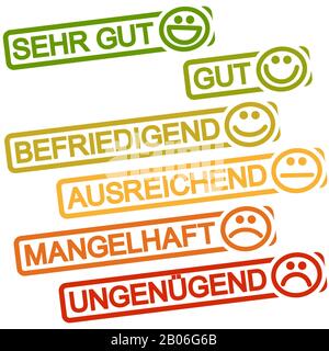 six timbres grunge avec cadre coloré de vert à rouge, sourit et ratings Illustration de Vecteur