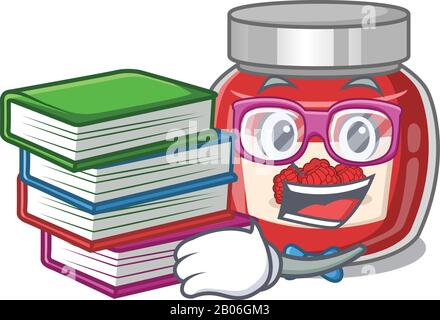 mascotte dessin animé de la confiture de framboises étudiant avec livre Illustration de Vecteur