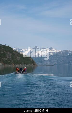 Les passagers des navires de croisière Endeavour le safari en bateau près de Reid Glacier dans le Parc National de Glacier Bay, Alaska, USA Banque D'Images