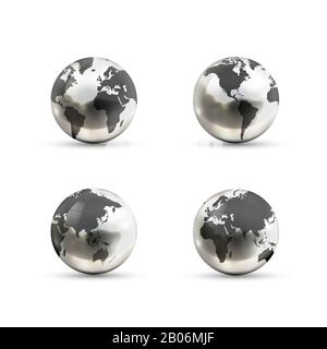Ensemble d'icônes réalistes de globes de la Terre métalliques de différents côtés sur fond blanc Illustration de Vecteur