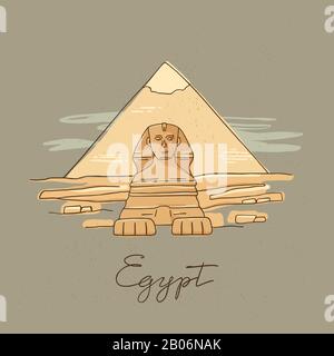 Icône vectorielle du Grand Sphinx de Giza isolée sur l'illustration vectorielle dessinée à la main des pyramides. Illustration de Vecteur