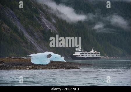 Vue du bateau de croisière Safari Endeavour à l'ancre à Fords Terror, Endicott Arm, Tongass National Forest, Alaska, USA avec de petits icebergs en premier plan Banque D'Images