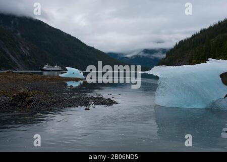 Vue du bateau de croisière Safari Endeavour à l'ancre à Fords Terror, Endicott Arm, Tongass National Forest, Alaska, USA avec de petits icebergs en premier plan Banque D'Images