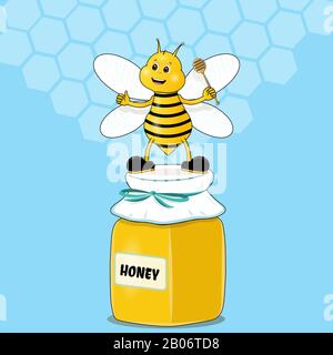 Caricature jolie mascotte d'abeilles pointant tenant le balancier de miel debout sur le pot de miel. Illustration de Vecteur